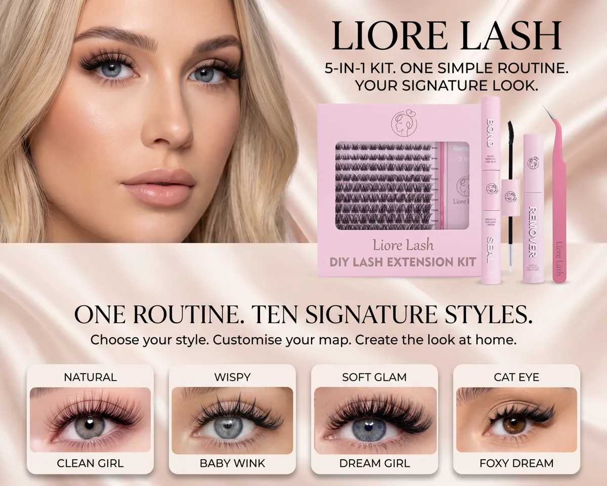 Kit d’extensions de cils DIY Liore Lash avec clusters, Bond & Seal, remover et pince