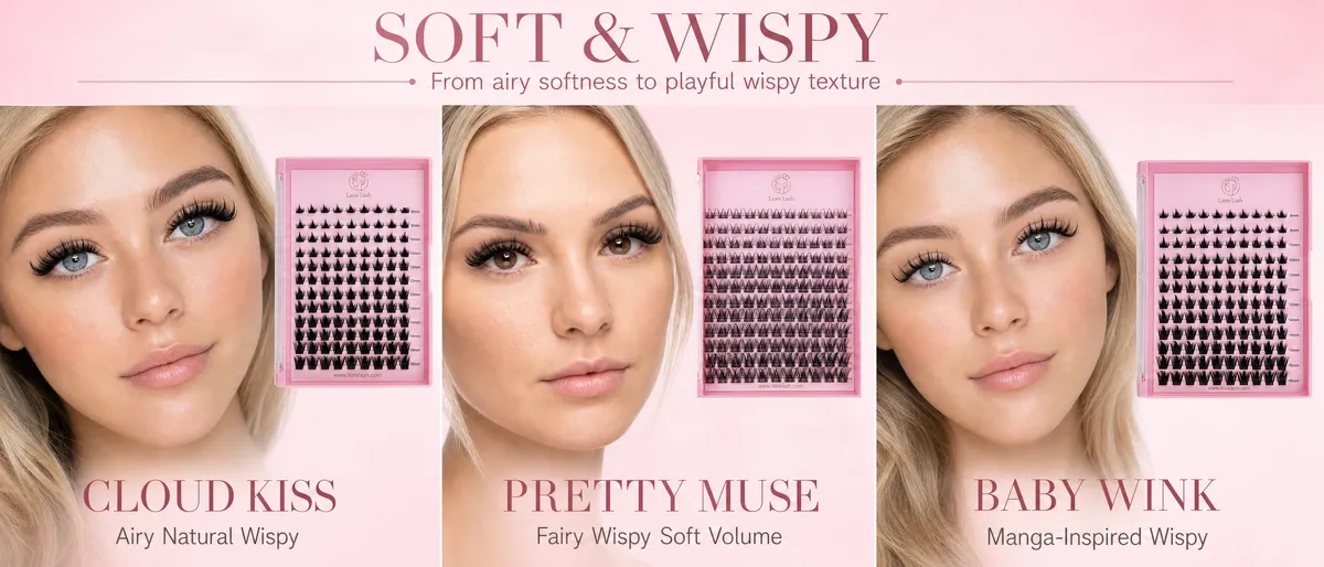 Cils en clusters wispy dans les styles Cloud Kiss, Pretty Muse et Baby Wink
